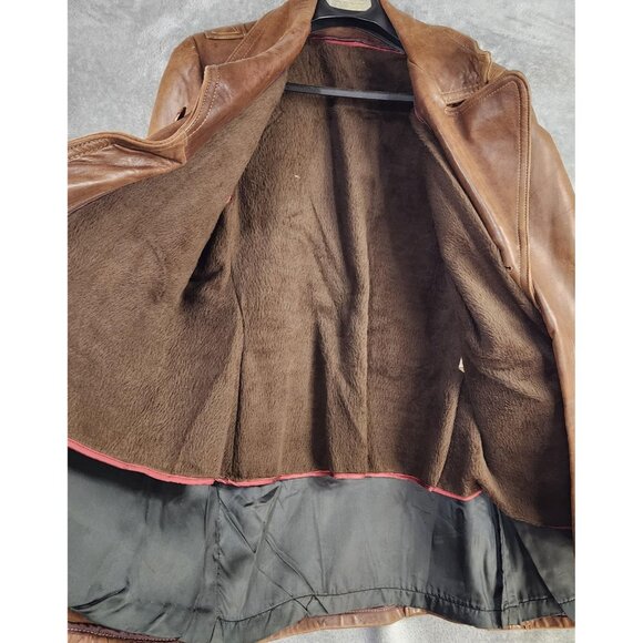 Vintage Leather Jacket Mens 42 Long Glazed Nappa Double Breasted Car Coat 70s - Picture 8 of 15